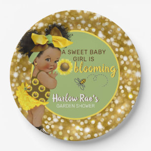 Ethnic Baby Girl Yellow Sunflower Gold Glitter Paper Plate
