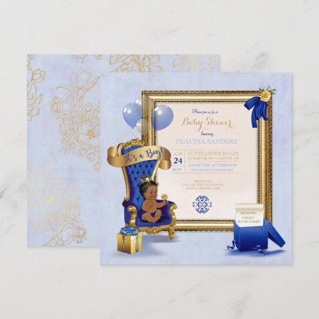 Ethnic Baby Little Prince Crown Gold Royal Blue Invitation (Front/Back)