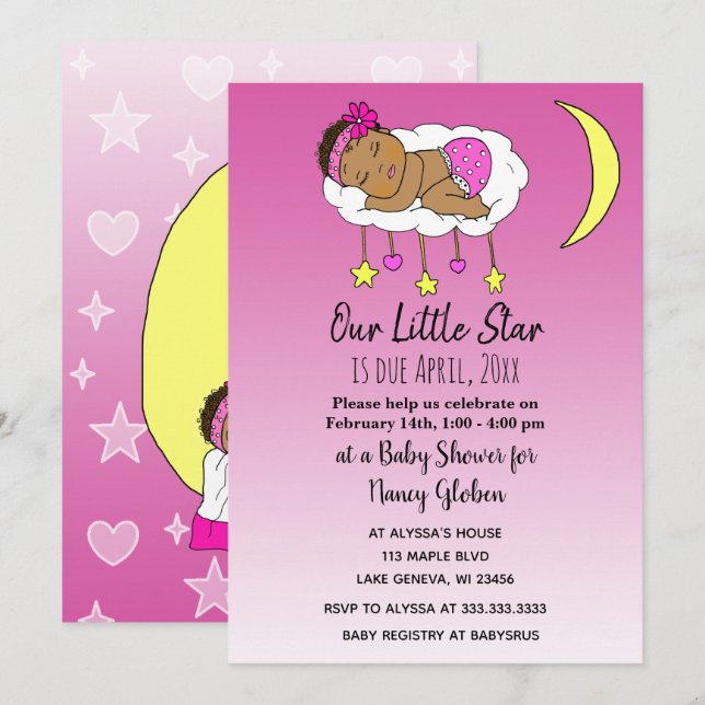 Ethnic Baby on Cloud and Moon Girl's Baby Shower Invitation (Front/Back)