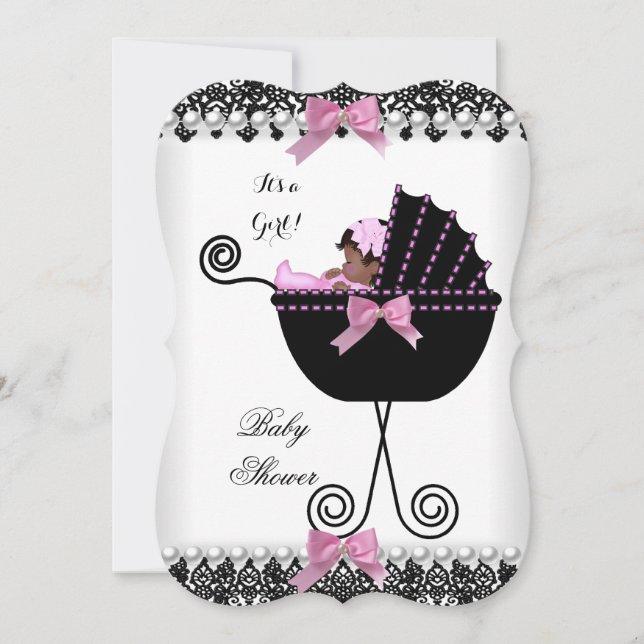 Ethnic Baby Shower Baby Girl Pink Black White Lace Invitation (Front)