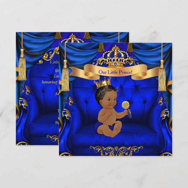 Ethnic Baby Shower Boy Prince Royal Blue Gold Invitation (Front/Back)