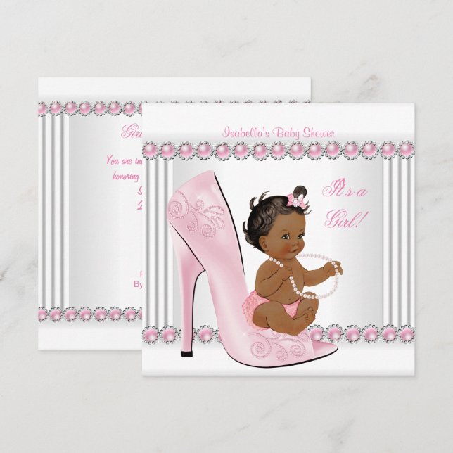 Ethnic Baby Shower Girl Pink Pearl High Heel Shoes Invitation (Front/Back)