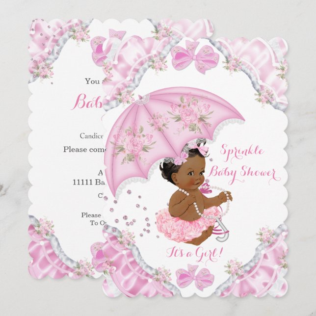 Ethnic Baby Shower Pink Umbrella Girl Flowers Invitation (Front/Back)