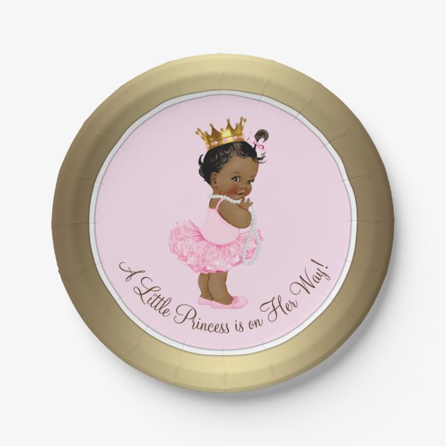 Ethnic Ballerina Princess Pink Gold Baby Shower Paper Plate (Front)