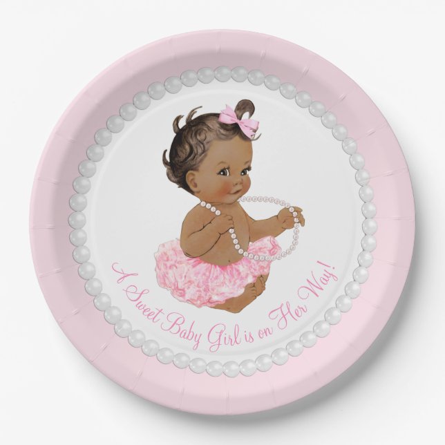 Ethnic Ballerina Tutu Pearl Baby Shower Paper Plate (Front)