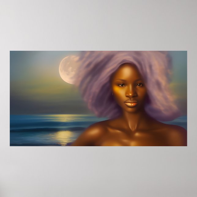 Ethnic Beautiful Woman Beach moonlight ocean Poster (Front)