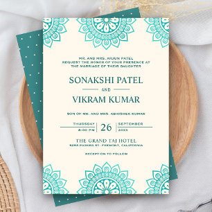 Ethnic Beige and Teal Mandala Indian Wedding Invitation