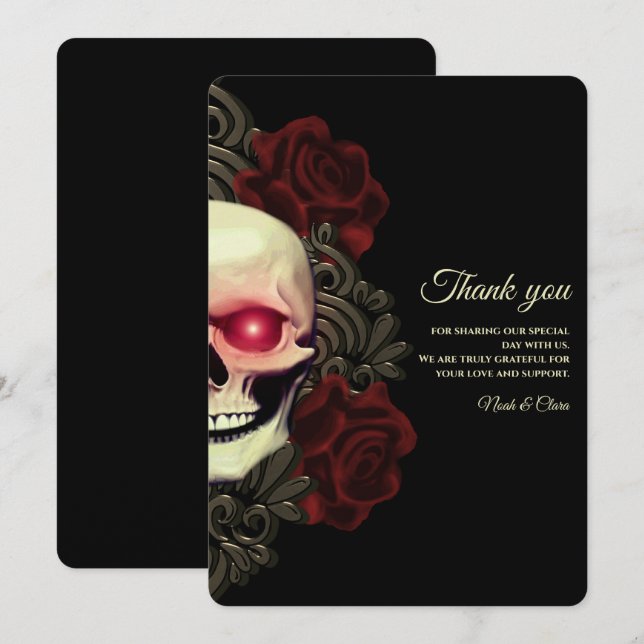 Ethnic Black floral dark gothic skull Halloween Thank You Card (Front/Back)