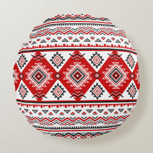 Ethnic black white red, Ukrainian motifs. Round Cushion