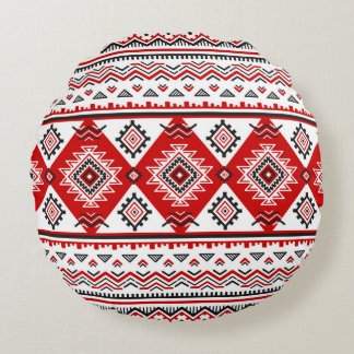 Ethnic black white red, Ukrainian motifs. Round Cushion