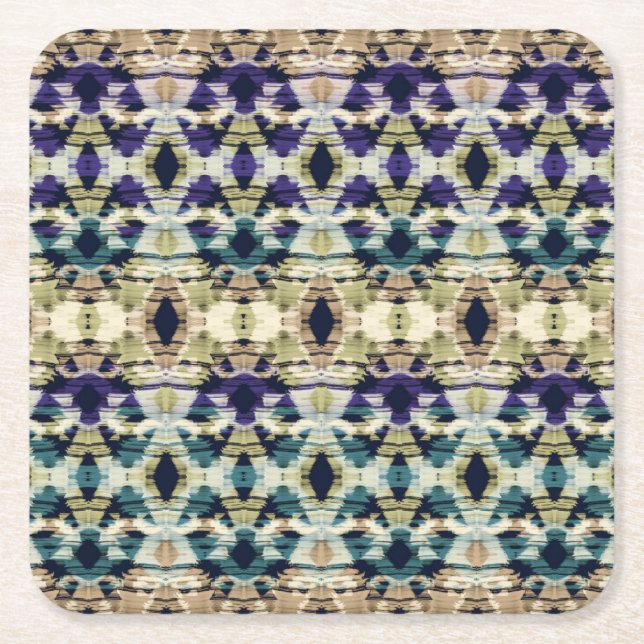 Ethnic blue, beige ikat  square paper coaster (Front)
