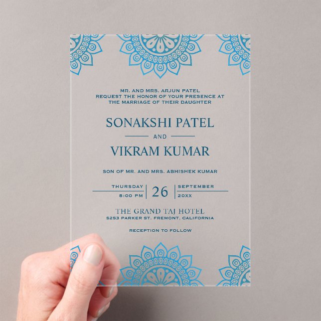 Ethnic Blue Mandala Indian Wedding Acrylic Invitations (Insitu (Handheld))