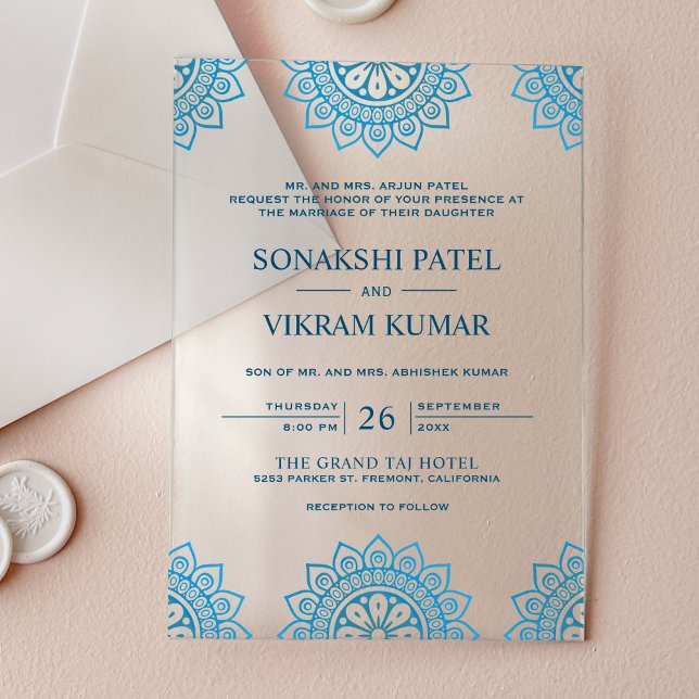 Ethnic Blue Mandala Indian Wedding Acrylic Invitations (Creator Uploaded)