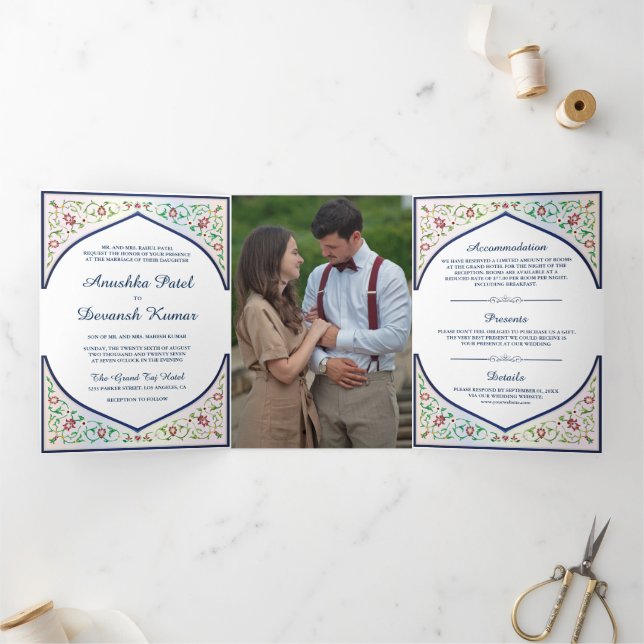 Ethnic Blue Ornate Floral Arch Indian Wedding Tri-Fold Invitation (Inside)