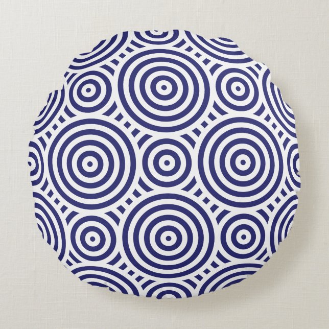 Ethnic Blue & White Geometric Circle Pattern Round Cushion (Front)