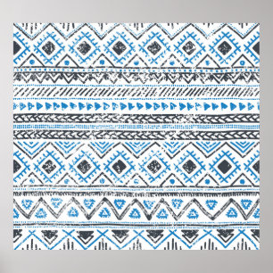 Ethnic blue, white seamless background. poster