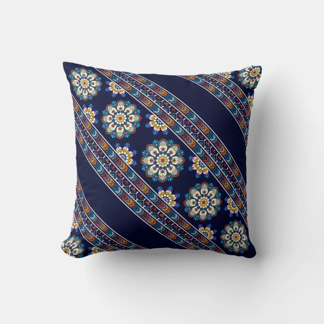 Ethnic Bohemian Flower Chevron Diagonal Stripe  Cushion (Front)