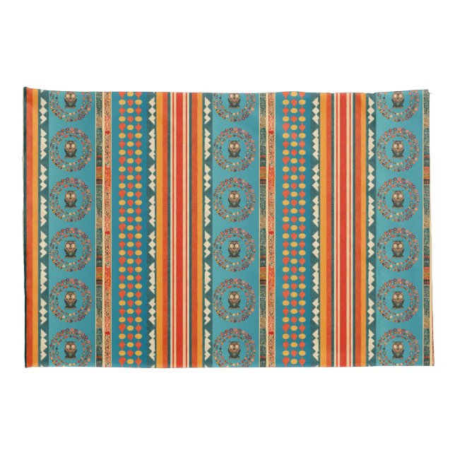 Ethnic Bohemian Teal Green Orange Red Striped Owl  Pillowcase (Back-Right)