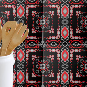 Ethnic Boho Folk Art Black Red And Grey Pattern Tile