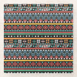 Ethnic Boho: Geometric Pixel Print Glass Coaster