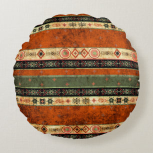 Ethnic Boho Grunge, Colourful Pattern. Round Cushion