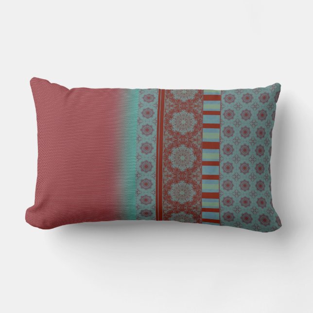 Ethnic Boho Hippie Gothic Mandala Ombre Teal Red Lumbar Cushion (Front)
