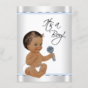 Ethnic Boy Baby Blue Silver Baby Shower Invitation