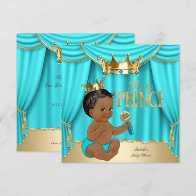 Ethnic Boy Baby Shower Prince Aqua Blue Gold Crown Invitation (Front/Back)