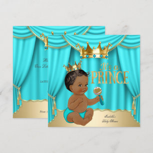 Ethnic Boy Baby Shower Prince Aqua Blue Gold Crown Invitation