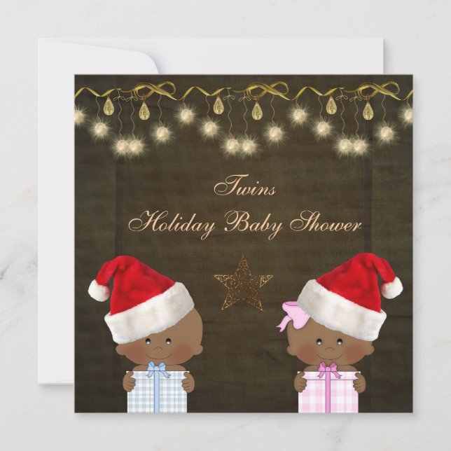 Ethnic Boy & Girl Twins Christmas Baby Shower Invitation (Front)
