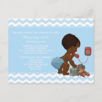 Ethnic Boy on Phone Blue Chevron Baby Book Request