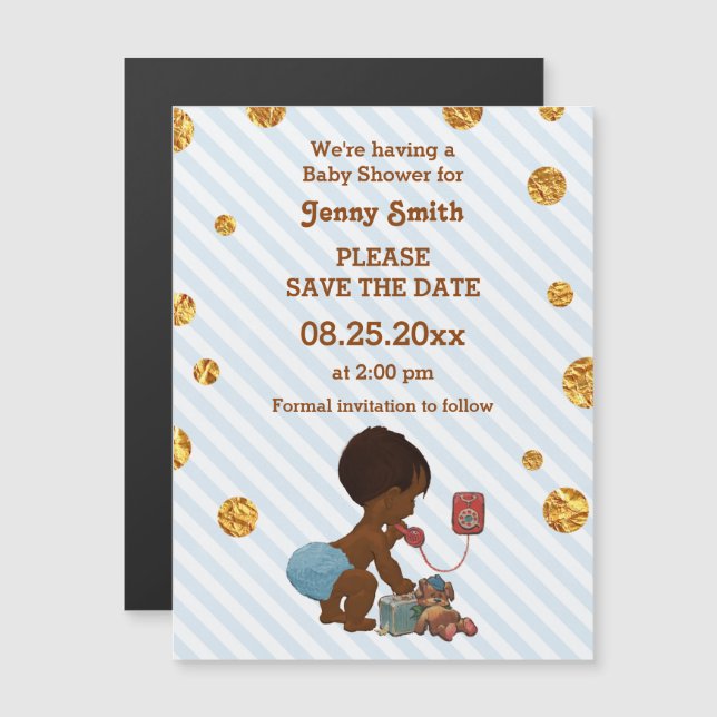 Ethnic Boy On Phone Gold Confetti Save The Date Magnetic Invitation (Front/Back)