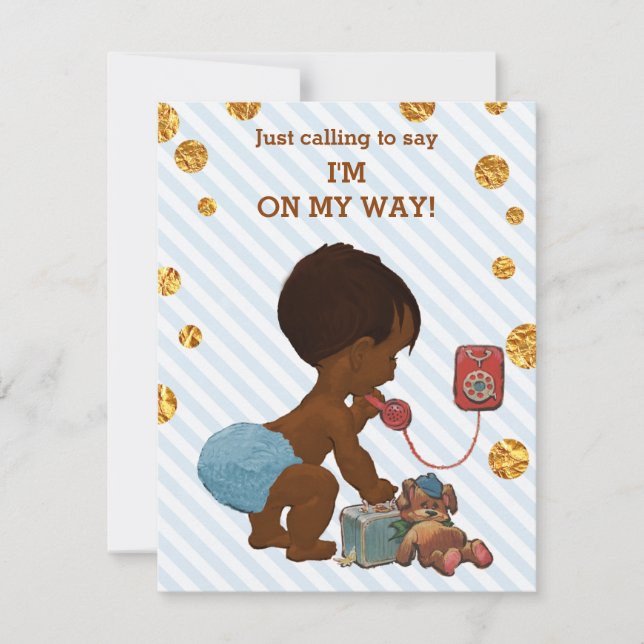 Ethnic Boy On Phone Stripes Gold Dots Baby Shower Invitation (Front)
