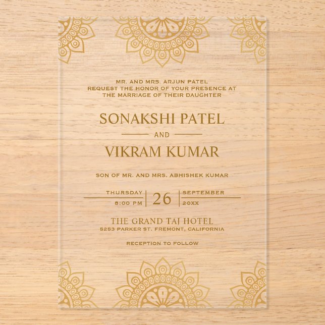 Ethnic Brown Mandala Indian Wedding Acrylic Invitations (Front)