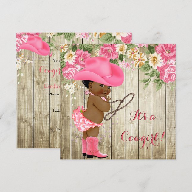Ethnic Cowgirl Baby Shower Pink Boots Floral Invitation (Front/Back)