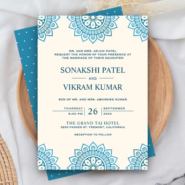 Ethnic Cream and Blue Mandala Indian Wedding Invitation (Creator Uploaded)