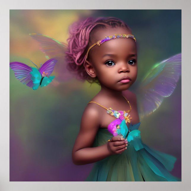 Ethnic cute little girl butterfly purple teal pink poster (Front)