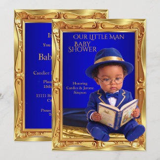 Ethnic Cute Little Man Baby Shower Gold Blue Book Invitation