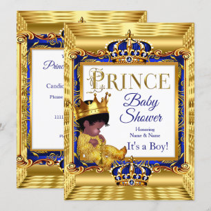 Ethnic Dark Golden Prince Baby Shower Blue Gold Invitation