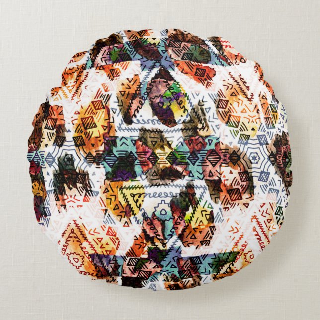 Ethnic design. Striped watercolor seamless pattern Round Cushion (Front)