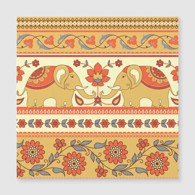 Ethnic elephants, flowers, seamless pattern. (Front)