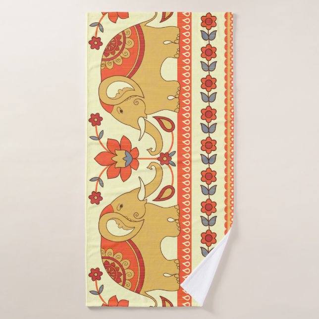 Ethnic elephants, flowers, seamless pattern. bath towel (Bath Towel)
