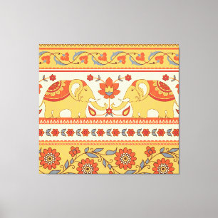 Ethnic elephants, flowers, seamless pattern. canvas print