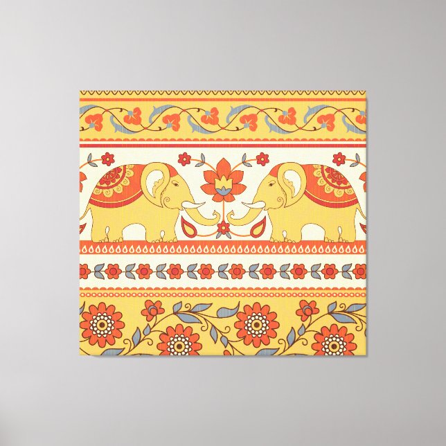 Ethnic elephants, flowers, seamless pattern. canvas print (Front)