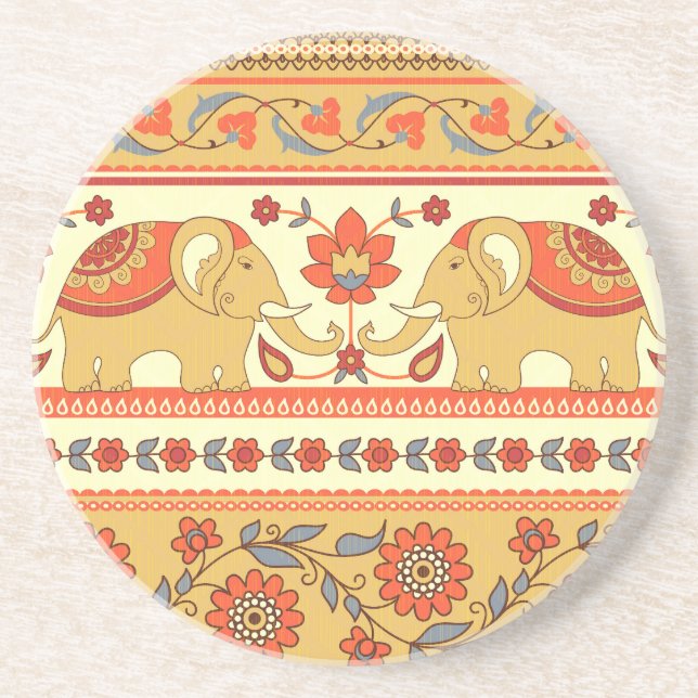 Ethnic elephants, flowers, seamless pattern. coaster (Front)