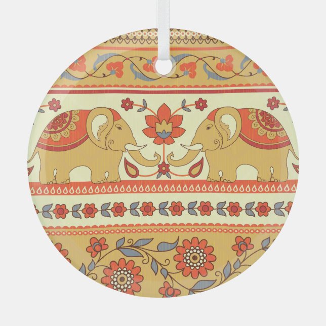 Ethnic elephants, flowers, seamless pattern. glass tree decoration (Front)
