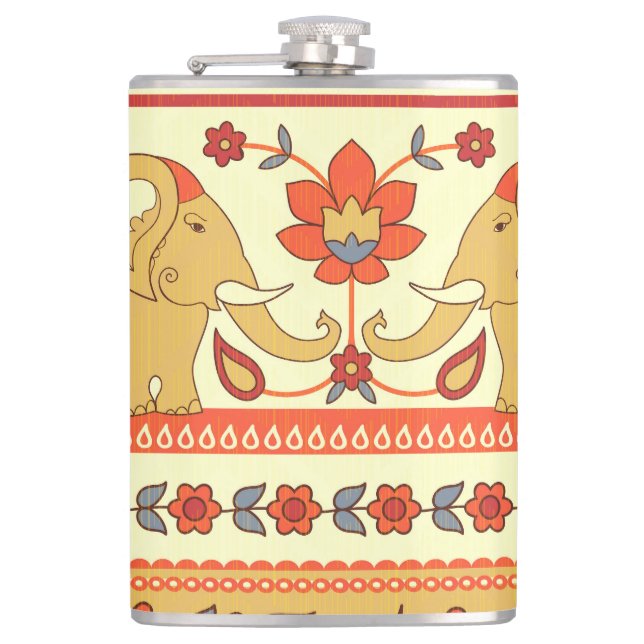 Ethnic elephants, flowers, seamless pattern. hip flask (Front)