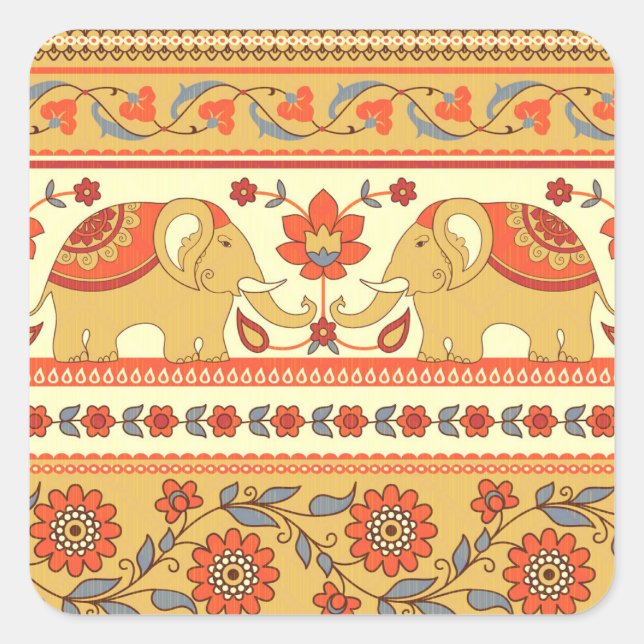 Ethnic elephants, flowers, seamless pattern. square sticker (Front)