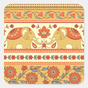 Ethnic elephants, flowers, seamless pattern. square sticker