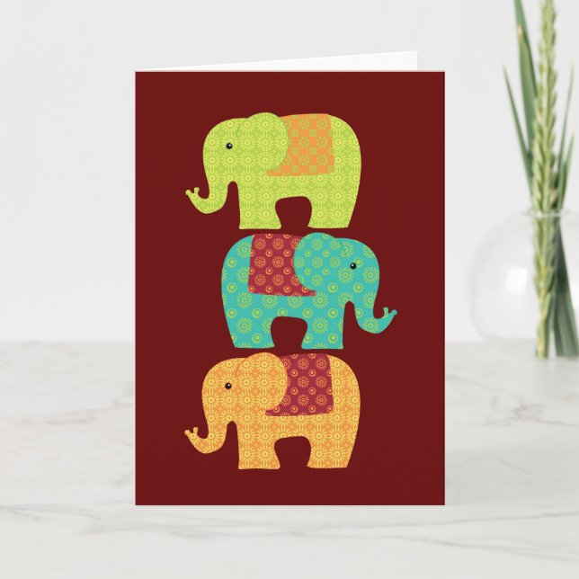 Ethnic Elephants with Flowers on Maroon Red Holiday Card (Front)